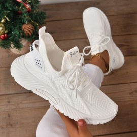 Women's Knitted Sports Shoes, Lightweight Lace Up Low Top Running & Tennis Sneakers, Breathable Gym Trainers