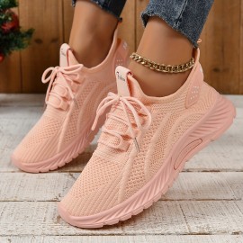 Women's Knitted Sports Shoes, Lightweight Lace Up Low Top Running & Tennis Sneakers, Breathable Gym Trainers