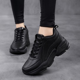 Women's Casual Chunky Sneakers, Lace Up PU Leather Low Top Sports Shoes, All-Match Running Trainers