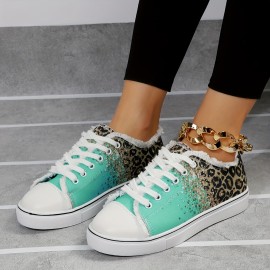 Women's Leopard Print Canvas Shoes, Fashion Low Top Lace Up Sneakers, Casual Flat Walking Shoes