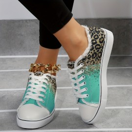 Women's Leopard Print Canvas Shoes, Fashion Low Top Lace Up Sneakers, Casual Flat Walking Shoes