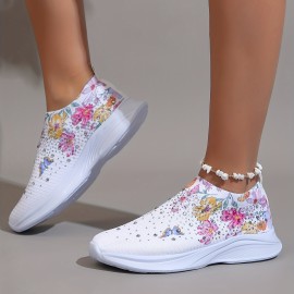 Women's Rhinestone Decor Sneakers, Floral & Butterfly Print Slip On Shoes, Breathable Knit Running Shoes