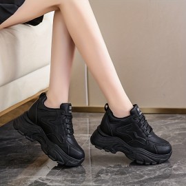 Women's Platform Sneakers, Solid Color Height Increasing Low Top Trainers, All-Match Walking Shoes