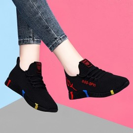 Women's Floral & Letter Print Sneakers, Lace Up Soft Sole Platform Walking Shoes, Low-top Breathable Training Shoes