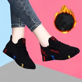 Women's Floral & Letter Print Sneakers, Lace Up Soft Sole Platform Walking Shoes, Low-top Breathable Training Shoes