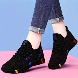 Women's Floral & Letter Print Sneakers, Lace Up Soft Sole Platform Walking Shoes, Low-top Breathable Training Shoes