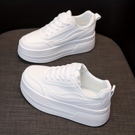 Women's Solid Color Minimalist Sneakers, Lace Up Casual Platform White Shoes, Versatile Low-top Sporty Trainers