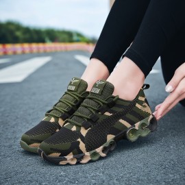 Women's Camouflage Pattern Running Shoes, Breathable Knit Lace Up Sneakers, Outdoor Non-slip Rubber Sole Sports Shoes