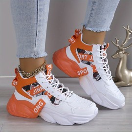 Women's Colorblock Casual Sneakers, Lace Up Comfy Breathable High-top Trainers, Platform Basketball Shoes