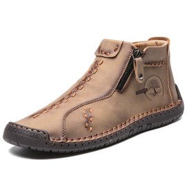 Men's Handmade Boots, Classic Stitching Ankle Boots, Outdoor Casual Zipper Shoes