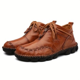 Men's Leather Ankle Boots With Zippers, Casual Walking Shoes Sneakers