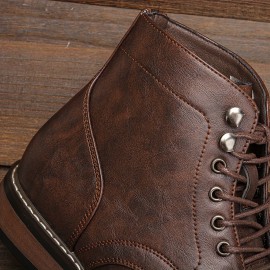 Men's Vintage Cap-toe Boots, Waterproof Anti-skid High-top Lace-up Boots For Outdoor, Spring Autum And Winter