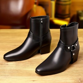 Men's Heeled Boots With Zippers, Casual Walking Shoes, PU Leather Boots