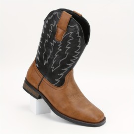 Men's Square Toe Roper Boots, Western Cowboy Boots Embroidered Mid-Calf Roper Boots