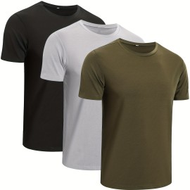 3pcs/set Solid Color Men's Comfy Medium Stretch T-shirt, Men's Summer Clothes, Men's Clothing