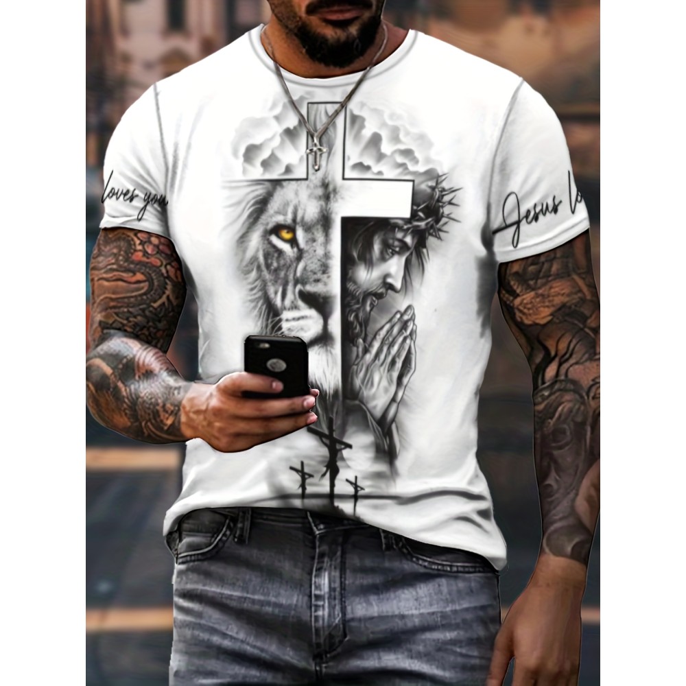 Stylish Cross & Lion Pattern Print Men's Comfy Chic T-shirt, Graphic Tee Men's Summer Outdoor Clothes, Men's Clothing, Tops For Men, Gift For Men