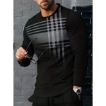 Stylish Stripe 3D Print Men's Casual Long Sleeve Crew Neck T-shirt, Spring Fall