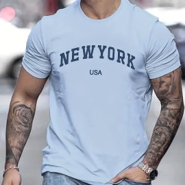 'New York USA' Print T Shirt, Tees For Men, Casual Short Sleeve Tshirt For Summer Spring Fall, Tops As Gifts