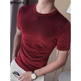 Men Casual T Shirt Velour Round Neck Short Sleeve Folds Men Clothing Streetwear