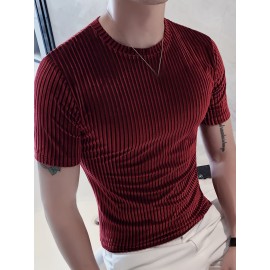 Men Casual T Shirt Velour Round Neck Short Sleeve Folds Men Clothing Streetwear