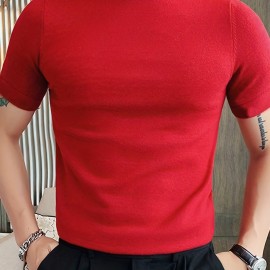 Men's Shirred Solid Color Slim Fit Casual Short Sleeve Tee, Men's Clothing