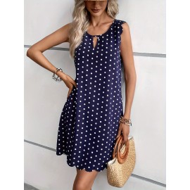 Polka Dot Print Scallop Trim Dress, Elegant Sleeveless Crew Neck Keyhole Dress For Spring & Summer, Women's Clothing