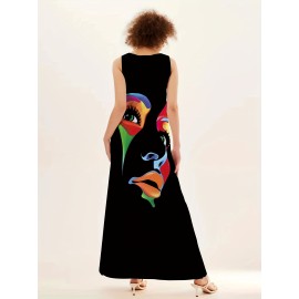 Abstract Face Print Maxi Dress, Notched Neck Sleeveless Casual Dress For Summer & Spring, Women's Clothing