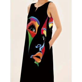 Abstract Face Print Maxi Dress, Notched Neck Sleeveless Casual Dress For Summer & Spring, Women's Clothing