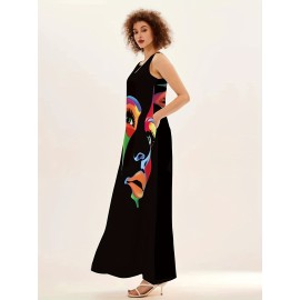 Abstract Face Print Maxi Dress, Notched Neck Sleeveless Casual Dress For Summer & Spring, Women's Clothing