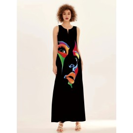 Abstract Face Print Maxi Dress, Notched Neck Sleeveless Casual Dress For Summer & Spring, Women's Clothing