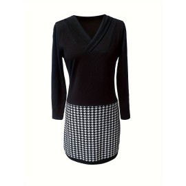 Houndstooth Print V Neck Dress, Casual Long Sleeve Slim Dress, Women's Clothing