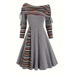 Ethnic Striped Splicing Dress, Elegant Off Shoulder Drawstring Dress, Women's Clothing