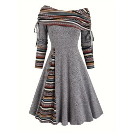 Ethnic Striped Splicing Dress, Elegant Off Shoulder Drawstring Dress, Women's Clothing