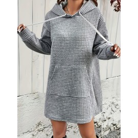 Textured Drawstring Dress, Casual Hooded Long Sleeve Kangaroo Pocket Dress, Women's Clothing