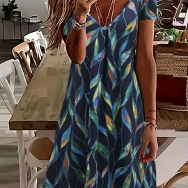 Leaves Print V Neck Dress, Vacation Short Sleeve Random Printing Dress, Women's Clothing