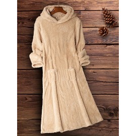 Fuzzy Hooded Midi Dress, Casual Pocket Front Solid Long Sleeve Dress, Women's Clothing