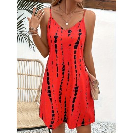 Tie Dye Print Mini Dress, Casual Spaghetti Strap V Neck Dress, Women's Clothing