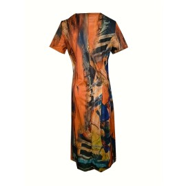 Short Sleeve V Neck Dress, Bohemian Casual Dress For Summer & Spring, Women's Clothing