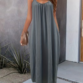 Solid Pockets Loose Spaghetti Dress, Versatile Maxi Cami Dress For Summer, Women's Clothing