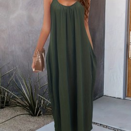 Solid Pockets Loose Spaghetti Dress, Versatile Maxi Cami Dress For Summer, Women's Clothing