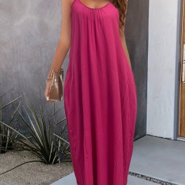 Solid Pockets Loose Spaghetti Dress, Versatile Maxi Cami Dress For Summer, Women's Clothing