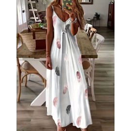 Feather Print Maxi Dress, Casual V Neck Spaghetti Strap Random Printing Dress, Women's Clothing