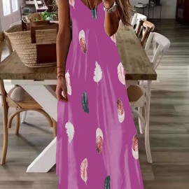 Feather Print Maxi Dress, Casual V Neck Spaghetti Strap Random Printing Dress, Women's Clothing