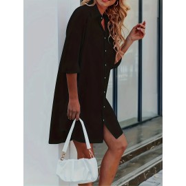 Button Front Shirt Dress, Sexy 3/4 Sleeve Solid Turn Down Collar Dress, Women's Clothing