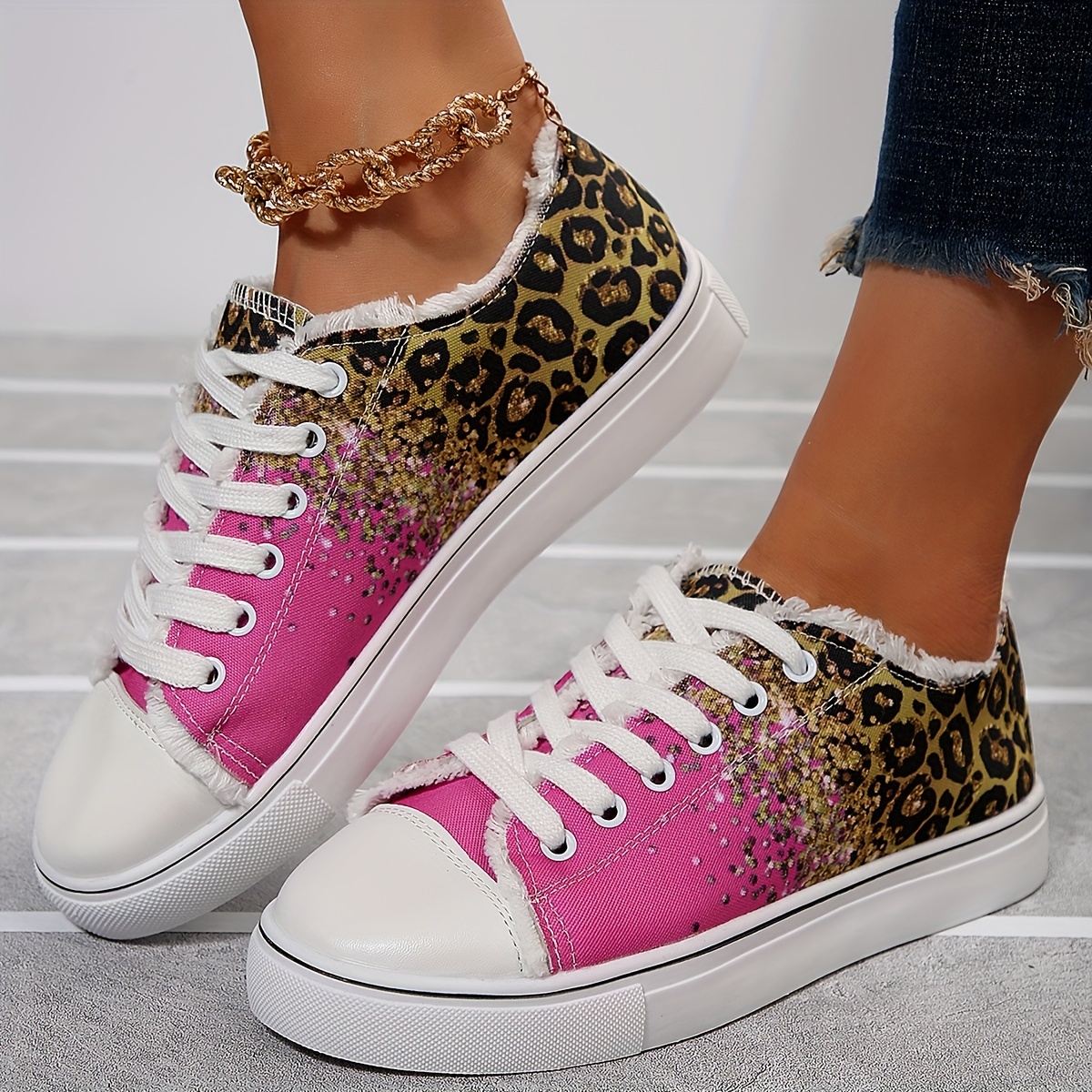 womens leopard print canvas shoes fashion low top lace up sneakers casual flat walking shoes details 9