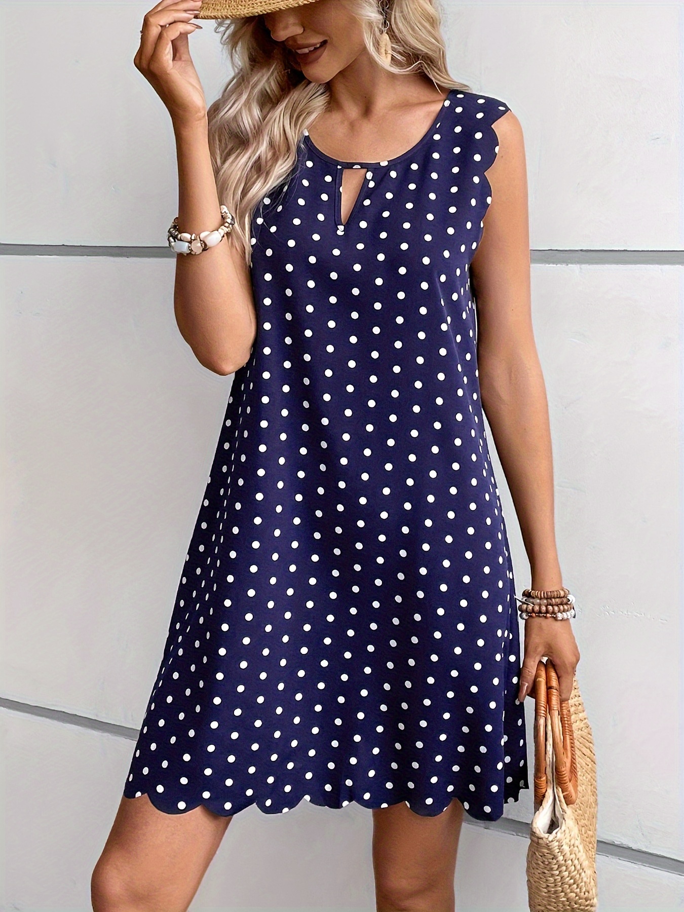 polka dot print scallop trim dress elegant sleeveless crew neck keyhole dress for spring summer womens clothing details 2