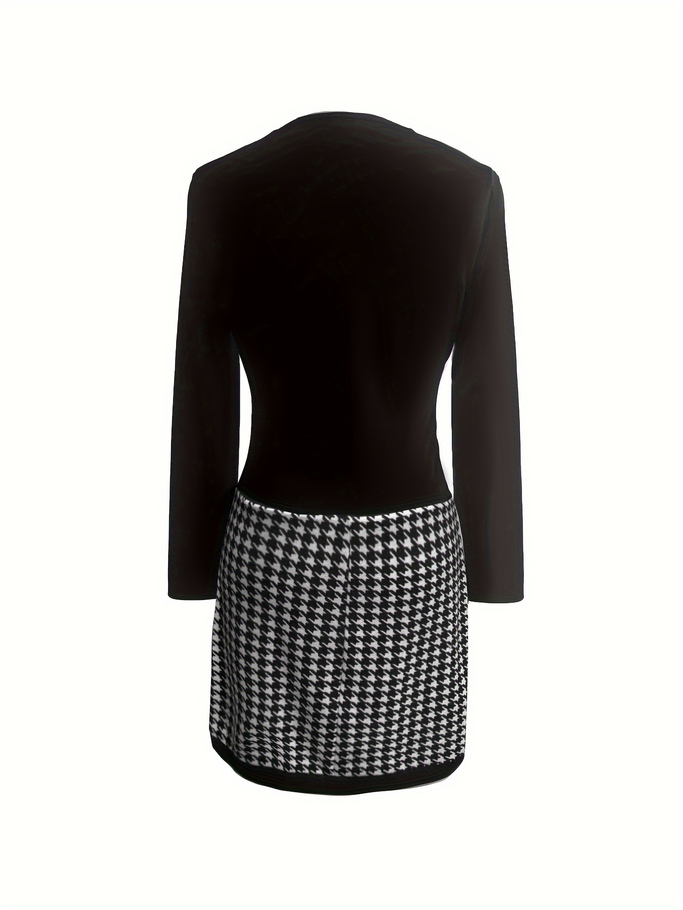 houndstooth print v neck dress casual long sleeve slim dress womens clothing details 0