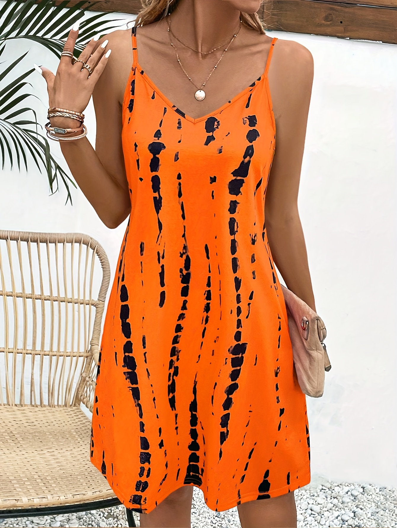 tie dye print mini dress casual spaghetti strap v neck dress womens clothing details 9